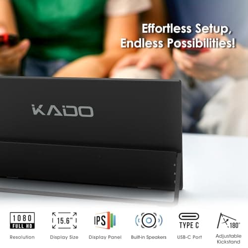 Kado Portable Monitor 15.6'' FHD 1080p, USB-C HDMI Gaming Monitor Ultra-Slim IPS Display Built-in Speakers, External Display 180° Kickstand Wall/Arm Mount for Laptop PC Phone Mac Xbox PS4/PS5 Switch