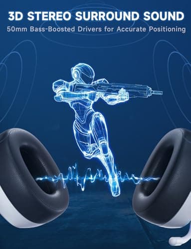 2.4GHz Wireless Gaming Headsets for PS5, PS4, PC, Switch - Bluetooth 5.3 Gaming Headphones with Noise Canceling Mic, 7.1 Surround Sound, 70H Battery, Blue Lighting - White
