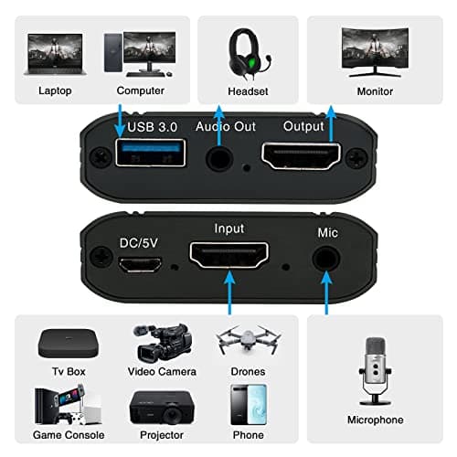 4K Video Capture Card, HDMI to USB 3.0 with Loopout for Nintendo Switch, 1080p 60fps Game Capture Device with Audio Output for Streaming, Xbox/PS4/PS5/PC, VLC/OBS/Amcap