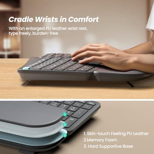 Nulea Wireless Ergonomic Keyboard, Split Keyboard with Cushioned Wrist Rest, Bluetooth and USB Connectivity, USB-C Rechargeable, Compatible with Windows Mac
