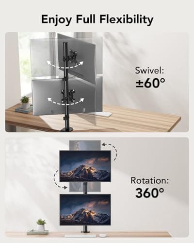 HUANUO Vertical Dual Monitor Mount, Stacked Monitor Stand for 2 Monitors with Height Adjustment Computer Monitor Arm Supports Two 17 to 32 Inch with C Clamp Each Desk Mount Hold up to 17.6lbs