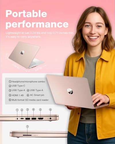 HP 14" Thin&Light Laptop Computer - Intel 2025 Quad-core CPU • Windows 11 Pro & Free Microsoft Office Pro • Wi-Fi 6 • Copilot • Pale Rose Gold • 1.47 Kg • 16GB RAM, 128GB UFS + 256GB Micro SD Card