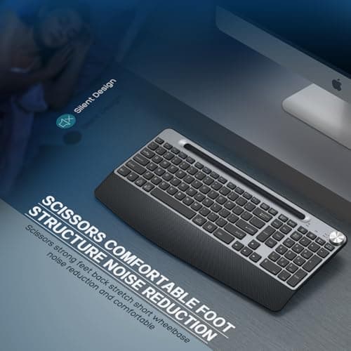 Ergonomic Wireless Keyboard with Wrist Rest-Low-Profile,Phone/Tablet Holder,Quiet Design，Windows & Mac OS，Full Size Cordless USB Computer Keyboard for Desktop,Laptop, PC, Mac, Windows-Grey
