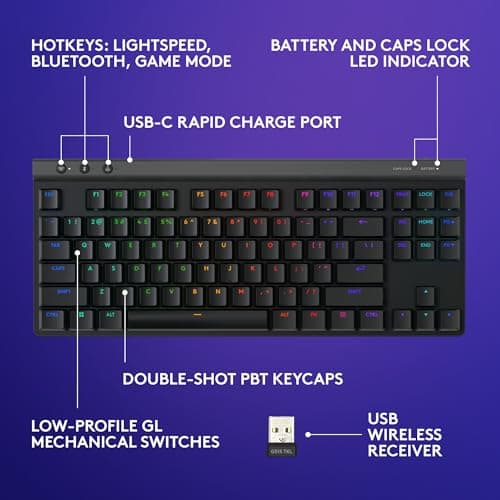 Logitech G515 Wireless Gaming Keyboard TKL, LIGHTSYNC RGB, Thin Tenkeyless Design, Double-Shot PBT Keycaps, Tactile Brown Mechanical Switches - Black