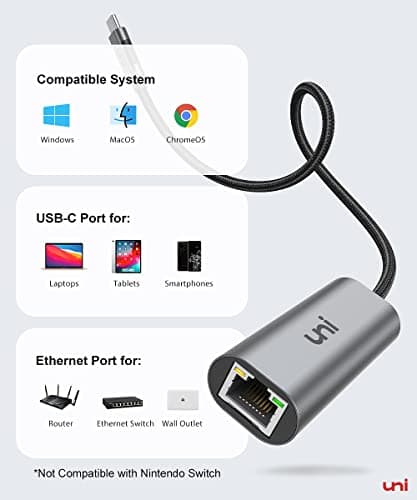 uni USB-C to Ethernet Adapter 2.5 Gbps, Blazing Fast Type-C(Thunderbolt 4/3 Compatible) to RJ45 Adapter, Sturdy Aluminum Gigabit Network Adapter, for MacBook Pro/Air 2023, Laptops, PC, NAS, etc.