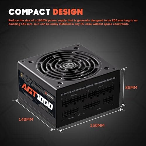 AGT Series 1000W Power Supply, 80+ Gold Certified, Fully Modular, FDB Fan, Compact 140mm Size, 10 Year Warranty, ATX Gaming Power Supply