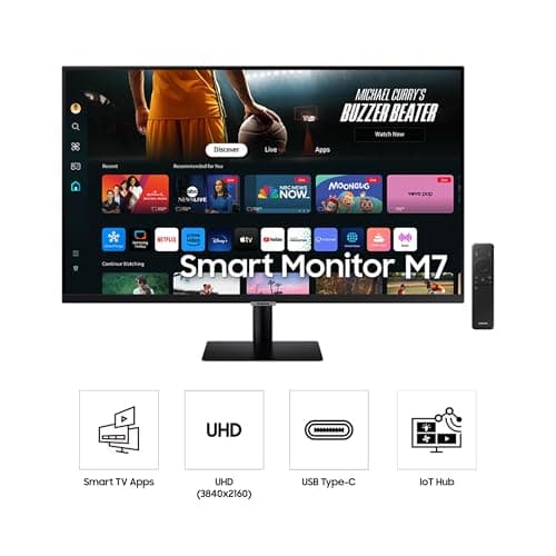 SAMSUNG 32-Inch M7 (M70D) Series 4K UHD Smart Monitor with Streaming TV, Speakers, HDR10, USB-C, Multiple Ports, Gaming Hub, SolarCell Remote, Vision Accessibility Tools, LS32DM702UNXGO, 2024, Black