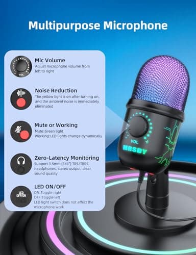 Gaming Microphone, USB Computer Microphone for PC, Mac, PS4/5, Condenser Podcast Mic for Studio Recording, YouTube, Streaming, with Headphone Jack, Led Light, Mute, Gain, Noise Cancellation