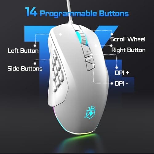 Wired Gaming Mouse with Side Plates, MMO Mouse with 14 Programmable Buttons, Ergonomic Gaming Mouse with 2 Grip Plates, Computer Mouse with Max 12,400 DPI, RGB Lighting, White