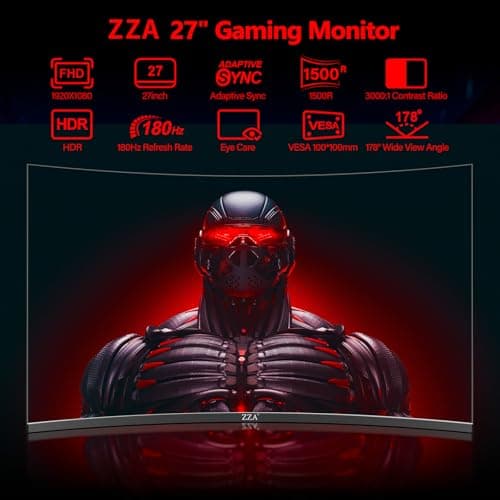 ZZA 27 Inch Curved Gaming Monitor 180Hz /144HZ 1ms FHD 1080P Computer Monitor FreeSync|1500R|130% sRGB|HDR|Low Blue Light|HDMI DP Ports|VESA Mount|Metal Stand