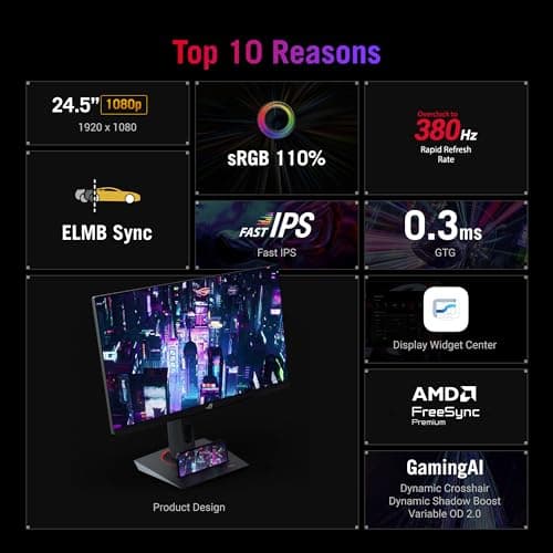ASUS ROG Strix 25” (24.5” viewable) Esports Gaming Monitor (XG259QNS) - Full HD, 380Hz, 0.3ms, Fast IPS, Extreme Low Motion Blur Sync, FreeSync Premium, DisplayWidget, Ergonomic, 3 yr Warranty