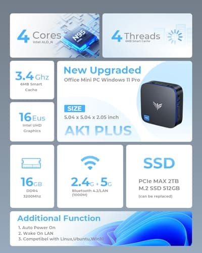 KAMRUI AK1PLUS Mini PC Computer, 12th Alder Lake- N95 up to 3.4 GH, 16GB RAM 512GB M.2 SSD, Mini Desktop Computer, Support 2.5" SSD (up to 2TB), WiFi, BT, 4K, HTPC for Business, Home, Office