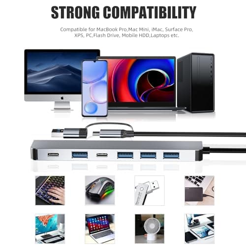 【Upgrade】 USB C/USB Hub, BERLAT Aluminum 7 in 1 USB C & USB Hub with USB 3.0, USB 2.0 Ports for PC/Laptops/MacBook Pro/Air/iMac/iPad and More Devices
