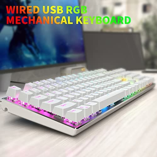 HUO JI E-Yooso Z-88 RGB Mechanical Gaming Keyboard USB Wired, Customizable RGB Backlit, Blue Switches - Clicky, Metal Panel, 104 Keys for Mac, PC, Silver+White