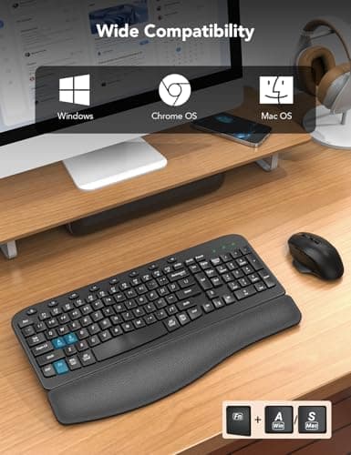 Wireless Keyboard and Mouse Combo, Ergonomic Wave Keys, Cushioned Plam Rest, Comfortable Silent Natural Typing, 2.4G Lag-Free, Full Size Keyboards Cordless Set for Multi-OS, Windows/Mac -SABLUTE