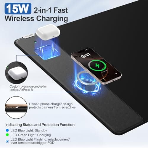 Wireless Charging Mouse Pad, 31.5"x15.8" Large Gaming Desk Mat with 15W Fast Charging, Ultra-Smooth Surface, Non-Slip Base, Waterproof Mousepad Keyboard Pad for PC, MacBook, Laptop, Black