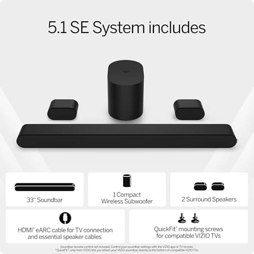 VIZIO 5.1 Soundbar SE, Wireless Subwoofer, Surround Sound w/Dolby Atmos & DTS:X, Bluetooth Speaker, QuickFit™ Compatible – SV510X-08 (New, 2024 Model)
