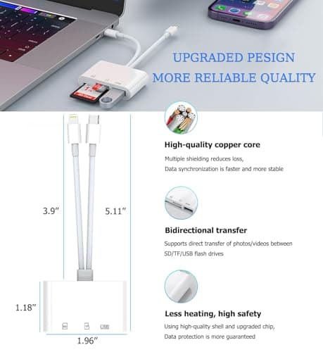 SD Card Reader for iPhone, iPad, USB C and Lightning Dual Port SD Card Adapter, Memory Card Reader for Camera Adapter, Support SD, Micro SD, USB 3.0, No App Driver Required