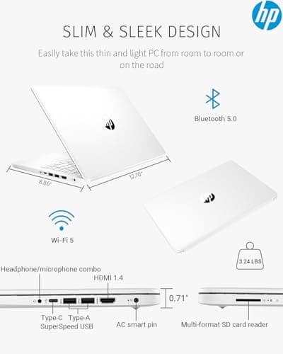 HP 14 inch Laptop Computer,Thin Lightweight 14 Laptop College Students,Intel Notebook Computer PC,8GB RAM 64GB eMMC+128GB SD Card,Windows 11 Laptop Microsoft Office 1Y,Camera,Long BatteryLife,White
