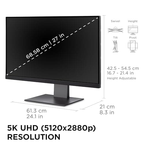 ViewSonic VP2788-5K 27 Inch 5K Mac-Ready Monitor with 100% sRGB, 99% DCI-P3, Pantone Validated, Advanced Ergonomics, Thunderbolt 4, USB Hub, HDMI, and DP for Home and Office