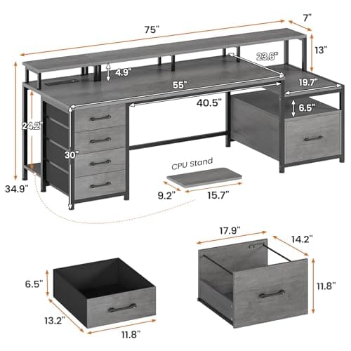 SEDETA 75'' Computer Desk with 5 Drawer, Power Outlet & Led Lights, Home Office Desk with File Drawer, Storage Shelves, Printer Cabinet and Monitor Shelf, 23.6" W Large Desktop Gaming Desk, Grey