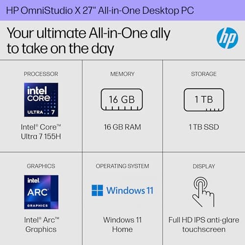 HP OmniStudio X 27" FHD Touch Screen All-in-One Desktop Intel Core U7-155H 16GB RAM 1TB SSD Meteor Silver
