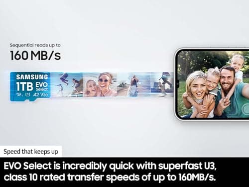 Samsung EVO Select microSDMemory Card + Adapter, 512GB microSDXC, Up-to 160 MB/s, 4K UHD, UHS-I, C10, U3, V30, A2, for Mobile Phone, Smartphones, Nintendo-Switch, and Tablets (MB-ME512SA/AM)