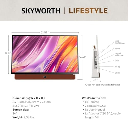 Skyworth 24-Inch Portable Smart Screen with Google TV, 3-Hour Battery Life 24P100 Companion Series 1080P FHD, Matte Screen, HDR10, Dolby Audio, LED, Bluetooth, Chromecast and Google Assistant