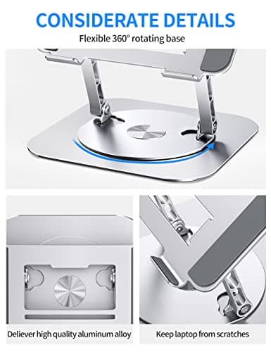 Adjustable Computer Stand with 360 Rotating Base, Ergonimic Foldable Laptop Riser for Desk Compatible with MacBook Pro/Air Notebook up to 16 Inches, Silver
