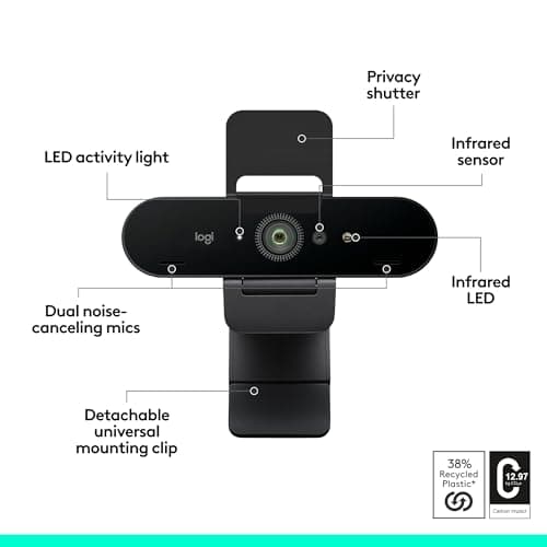 Logitech Brio 4K Webcam, Video Calling, Noise-Cancelling mic, HD Auto Light Correction, Wide Field of View, Works with Microsoft Teams, Zoom, Google Voice, Google Meet, PC/Mac/Laptop/MacBook/Tablet