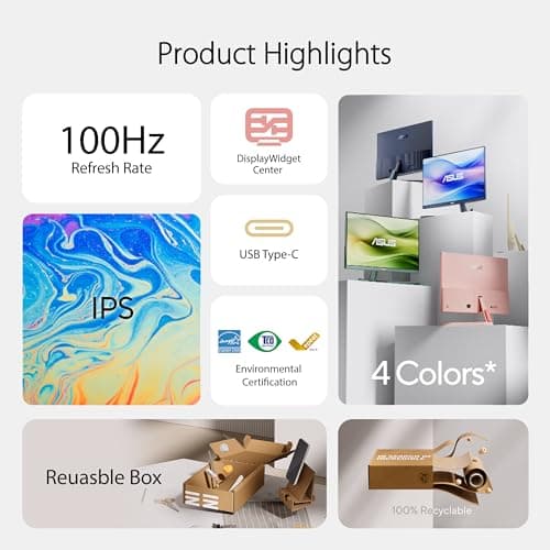 ASUS 27” 1080P Eye Care Monitor (VU279CFE-B) - Full HD, IPS, 100Hz, Adaptive-Sync, USB-C, Ambient Light Sensor, Height Adjustable, Cable Clip, EyeCare+ Technology, 3 Year Warranty, Quiet Blue Color