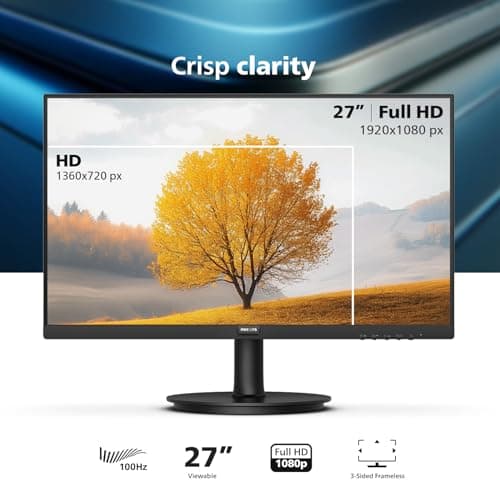 PHILIPS 271V8LB 27" Framless Full HD (1920 x 1080) 100Hz Monitor, VESA, HDMI x 1, VGA Port x1, Eye Care, 4 Year Advance Replacement Warranty