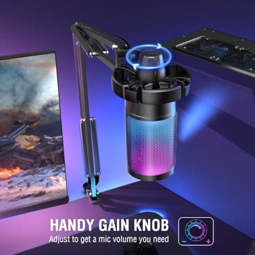 FIFINE Gaming PC USB Microphone, Podcast Condenser Mic with Boom Arm, Pop Filter, Mute Button for Streaming, Twitch, Online Chat, RGB Computer Mic for PS4/5 PC Gamer Youtuber-AmpliGame A6T