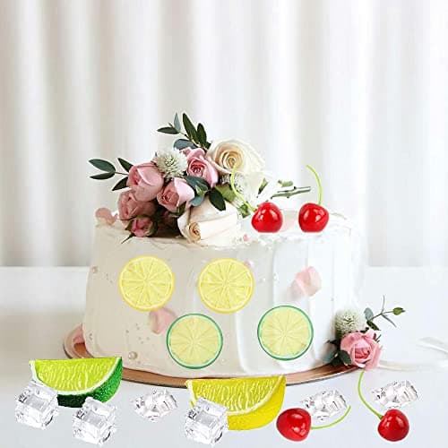 40 Pcs Fake Crushed Ice and Square Ice Rocks,10 Pcs Artificial Fruit Lemon Slices, 4 Pcs Simulation Lemon Blocks and 10 Pcs Lifelike Cherries for Home Kitchen Decoration Photography Prop