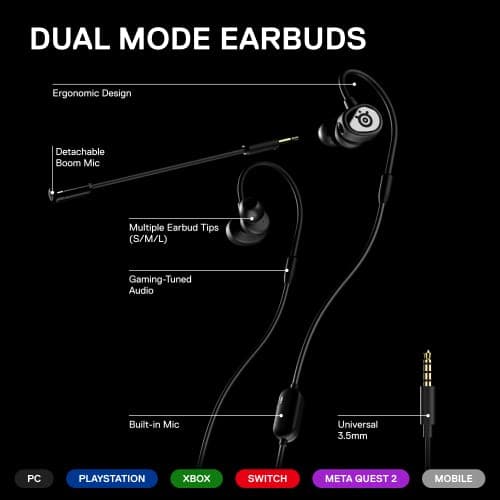 SteelSeries Tusq in-Ear Mobile Gaming Headset – Dual Microphone with Detachable Boom Mic – Ergonomic Suspension Design Earphones – for Mobile,Black