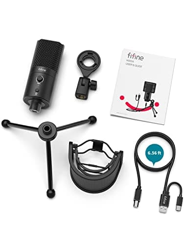 FIFINE USB Desktop PC Microphone with Pop Filter for Computer and Mac, Studio Condenser Mic with Gain Knob Mute Button Headphone Jack for Gaming Streaming Recording YouTube, Extra USB-C Plug-K683A