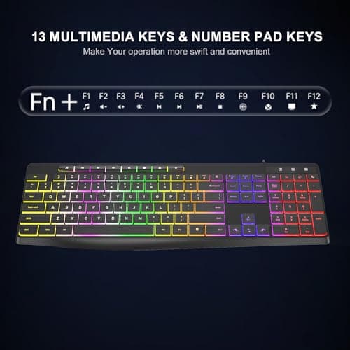 Computer Keyboard Wired,7-Color Rainbow LED Backlit, Quiet Light Up Keyboard with Multimedia Keys,Low Profile Chiclet Keys,Large Number Pad,Spill-Resistant, Anti-Wear Letters for Windows Mac PC Laptop