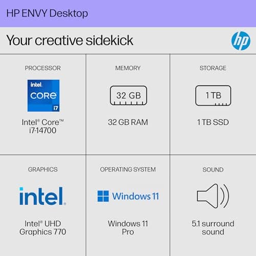 HP Envy Desktop PC, Intel Core i7-14700, 32 GB RAM, 1 TB SSD, Intel UHD Graphics 770, Windows 11 Pro, TE01-5002 (2024)