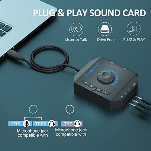 T10 External Sound Card, PHOINIKAS USB Audio Adapter for PC Windows, Mac, Linux, Laptops, Desktops, Stereo Sound Card with 3.5mm Interface & USB Interface, Volume Control, Plug & Play (6-in-1, Black)
