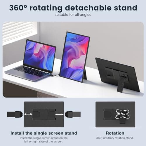 Portable Monitor, 16 Inch FHD 1200P, 360° Rotating Detachable Stand, Plug&Play Travel Monitor for Laptop, Ultra-Thin Zero Frame, Premium Smart Cover, Portable Screen for Laptop/PC/Mac
