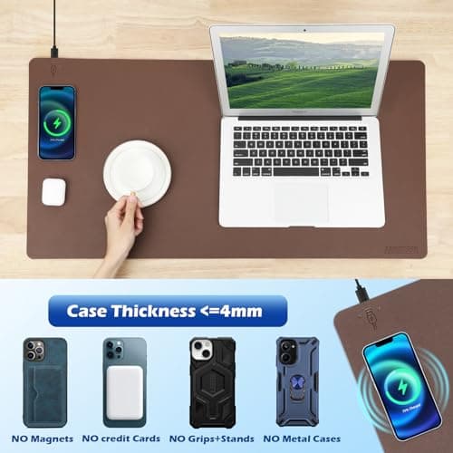 Wireless Charging Desk Mat with Desk Pad for Desktop Charging Large Mouse Pad Waterproof Leather Computer Mat Mouse Pad Non-Slip Protector on Top of Desks for Keyboard and Mouse (brown-l, 32*16inch)