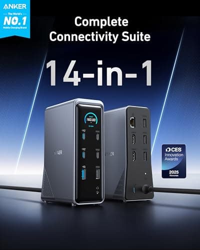 Anker Prime Docking Station, 14-Port with 160W Max Output, 10Gbps Fast Data Transfer, Real-Time Smart Interface, Audio and Ethernet Ports, Dual 4K Displays for Dell, HP, Lenovo and More