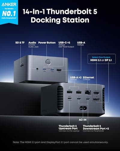 Anker Prime TB5 Docking Station, 14-in-1 Thunderbolt 5 Dock with 120Gbps Max Transfer, 140W Max Charging, Ambient LED Lighting, Cooling System, Up to 8K Display for Thunderbolt 5/4 Laptops