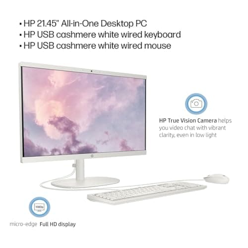 HP 2022 All-in-One Desktop, 21.5" FHD Display, Intel Celeron J4025 Processor, 8GB RAM, 256GB PCIe SSD, Webcam, WiFi, HDMI, RJ-45, Wired Keyboard&Mouse, Windows 11 Home, White