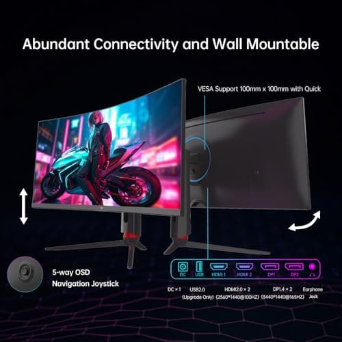 34'' Curved Ultrawide Gaming Monitor, 21:9, 3440x1440p 165Hz 1ms, 1500R Curved Monitor, Freesync G-sync, Picture by Picture,PIP, Height/Tilt/Swivel/Pivot