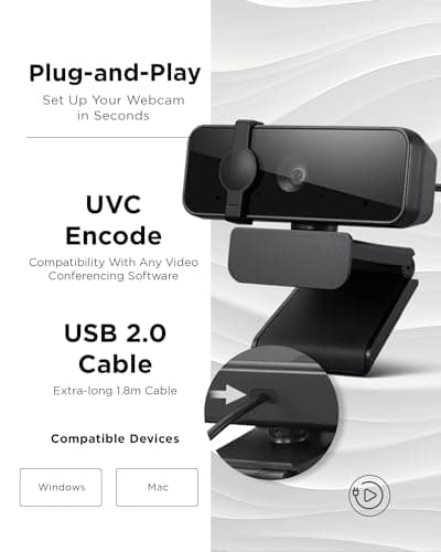 Lenovo Essential Full HD 1080P Webcam, Dual Microphone, No Driver 1.8m USB 2.0, Wide-Angle, Tilt-Control, 360-Degree Rotation, Black