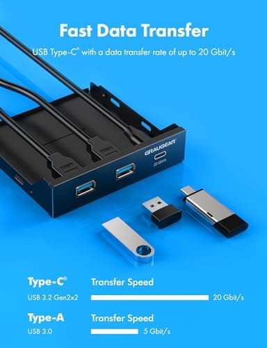 GRAUGEAR 3.5 Inch Front Panel USB Hub, Internal USB Hub with 20Gbps USB3.2 Gen2 USB-C and USB 3.0 Ports, USB3.2 Type-E Key-A 20-Pin Header & USB3.0 Header Required, Fits 3.5" PC Computer Case [G-MP01]