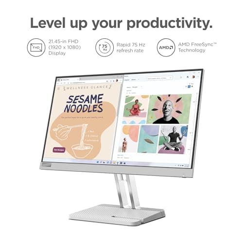 Lenovo L22e-40 Monitor, 21.45” FullHD Resolution, 250 nits Brightness, 75Hz Refresh Rate, AMD FreeSync, HDMI and VGA Ports, Tilt-Adjustable Stand, Natural Low Blue Light, Cloud Grey
