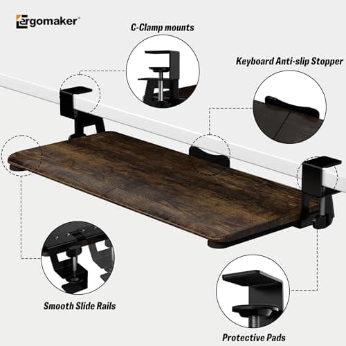 Keyboard Tray Under Desk, Pull Out Keyboard Tray with C Clamp Mount, 25.6" x 11.8" Slide-Out Platform Computer Drawer for Typing, Keyboard & Mouse Tray, Rustic Brown