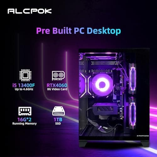 Gaming PC Desktop Computer,Intel Core i5 13400F,RTX 4060 8G,32GB DDR4 RAM 1TB SSD,ARGB Fan,Prebuilt Computer Tower for Gaming and Office